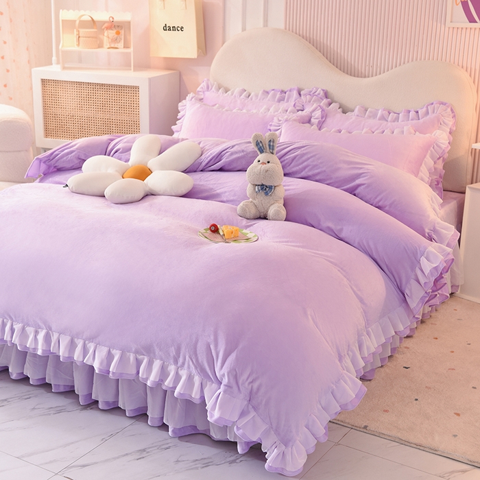 91家纺网 家纺一手货源 找家纺 后庭寝室 2025新款韩式花边牛奶绒四件套-香香公主系列 香香公主-浅紫