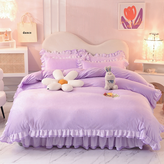 91家纺网 家纺一手货源 找家纺 后庭寝室 2025新款韩式花边牛奶绒四件套-香香公主系列 香香公主-浅紫