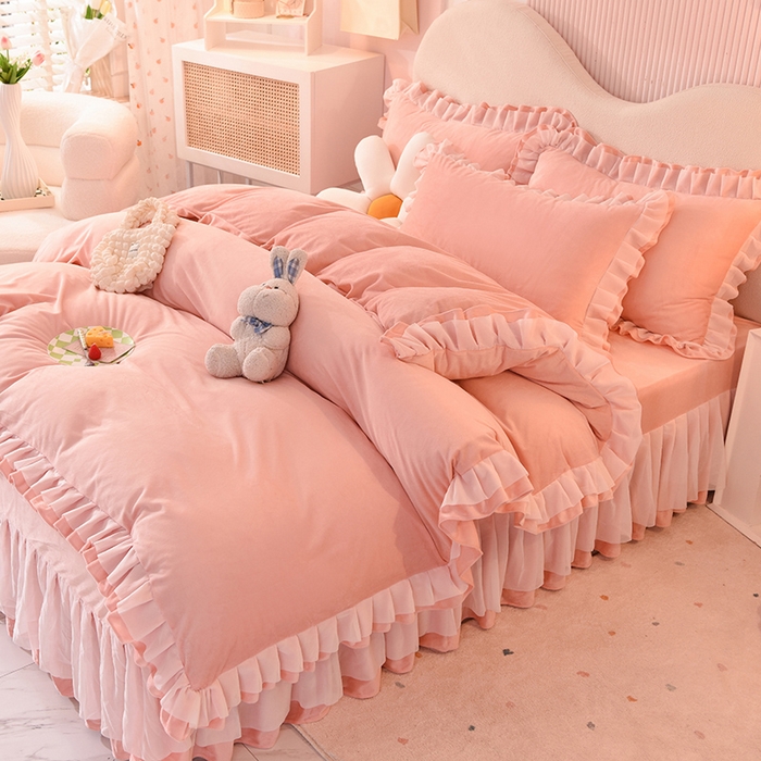 91家纺网 家纺一手货源 找家纺 后庭寝室 2025新款韩式花边牛奶绒四件套-香香公主系列 香香公主-玉色