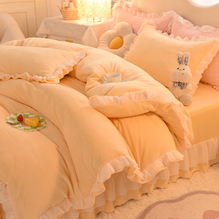 后庭寝室 2025新款韩式花边牛奶绒四件套-香香公主系列 香香公主-暖黄