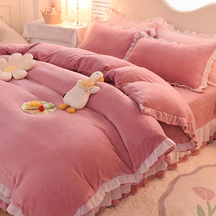 91家纺网 家纺一手货源 找家纺 后庭寝室 2025新款韩式花边牛奶绒四件套-香香公主系列 香香公主-豆沙