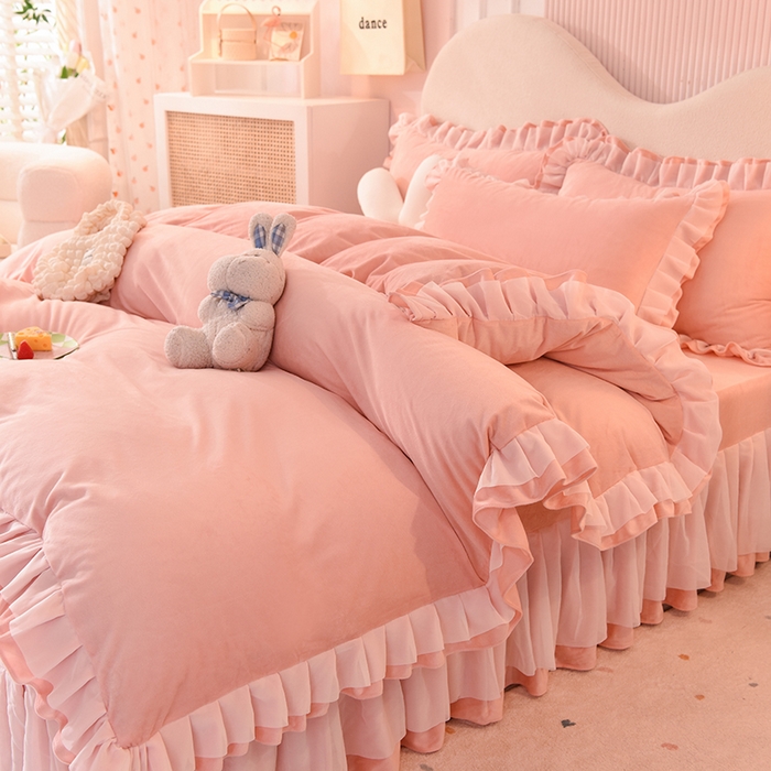 91家纺网 家纺一手货源 找家纺 后庭寝室 2025新款韩式花边牛奶绒四件套-香香公主系列 香香公主-玉色