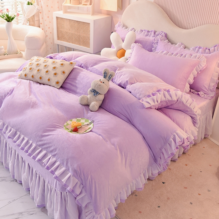 91家纺网 家纺一手货源 找家纺 后庭寝室 2025新款韩式花边牛奶绒四件套-香香公主系列 香香公主-浅紫