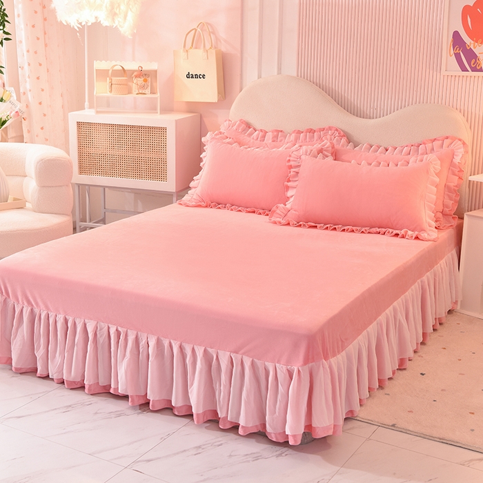 91家纺网 家纺一手货源 找家纺 后庭寝室 2025新款韩式花边牛奶绒四件套-香香公主系列 香香公主-粉玉