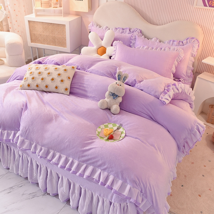 91家纺网 家纺一手货源 找家纺 后庭寝室 2025新款韩式花边牛奶绒四件套-香香公主系列 香香公主-浅紫