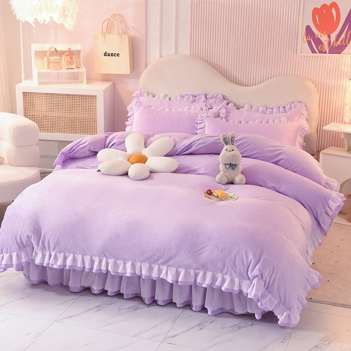 91家纺网 家纺一手货源 找家纺 后庭寝室 2025新款韩式花边牛奶绒四件套-香香公主系列 香香公主-浅紫