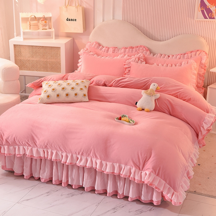 91家纺网 家纺一手货源 找家纺 后庭寝室 2025新款韩式花边牛奶绒四件套-香香公主系列 香香公主-粉玉