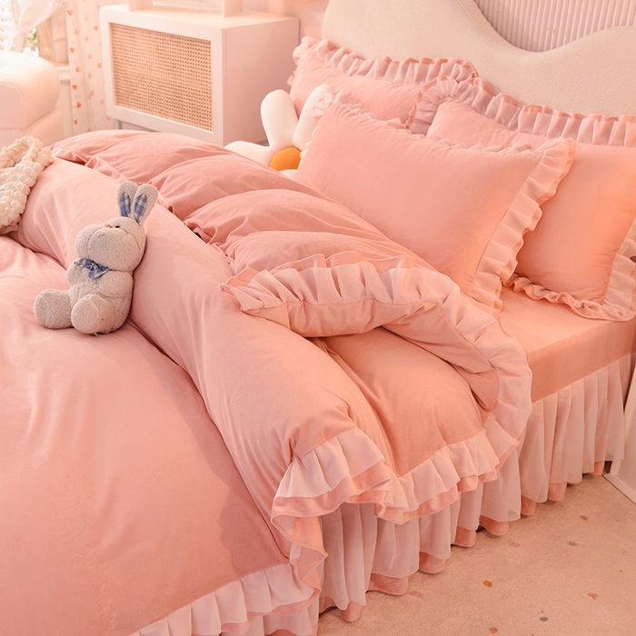 91家纺网 家纺一手货源 找家纺 后庭寝室 2025新款韩式花边牛奶绒四件套-香香公主系列 香香公主-玉色