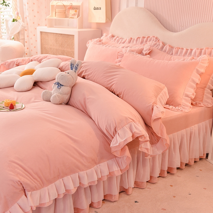 91家纺网 家纺一手货源 找家纺 后庭寝室 2025新款韩式花边牛奶绒四件套-香香公主系列 香香公主-玉色