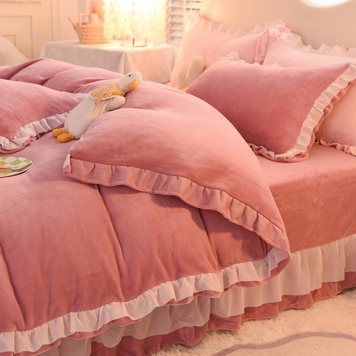 91家纺网 家纺一手货源 找家纺 后庭寝室 2025新款韩式花边牛奶绒四件套-香香公主系列 香香公主-豆沙