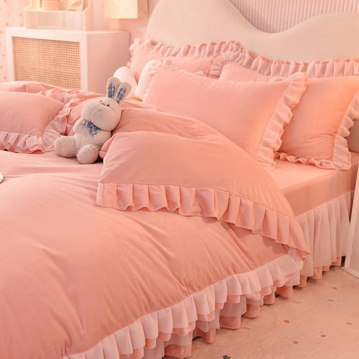 91家纺网 家纺一手货源 找家纺 后庭寝室 2025新款韩式花边牛奶绒四件套-香香公主系列 香香公主-玉色