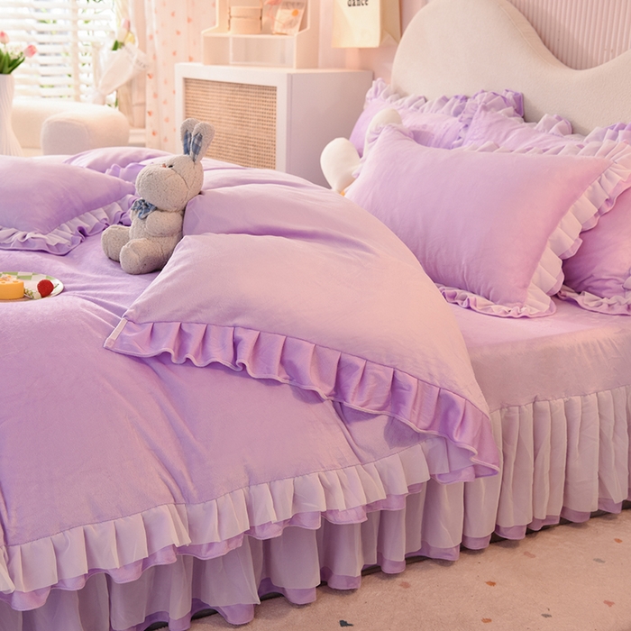 91家纺网 家纺一手货源 找家纺 后庭寝室 2025新款韩式花边牛奶绒四件套-香香公主系列 香香公主-浅紫