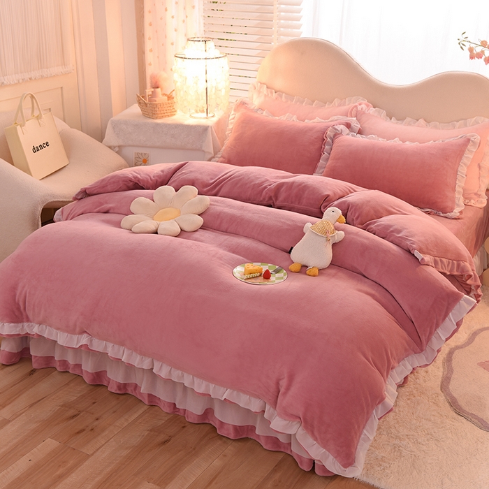 91家纺网 家纺一手货源 找家纺 后庭寝室 2025新款韩式花边牛奶绒四件套-香香公主系列 香香公主-豆沙