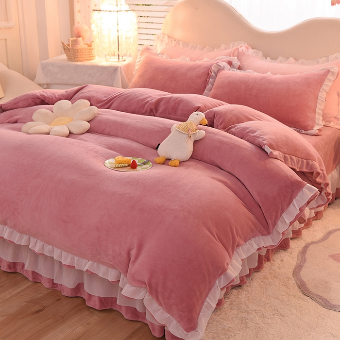 91家纺网 家纺一手货源 找家纺 后庭寝室 2025新款韩式花边牛奶绒四件套-香香公主系列 香香公主-豆沙