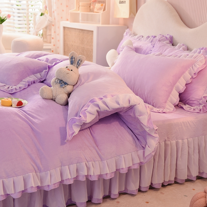 91家纺网 家纺一手货源 找家纺 后庭寝室 2025新款韩式花边牛奶绒四件套-香香公主系列 香香公主-浅紫