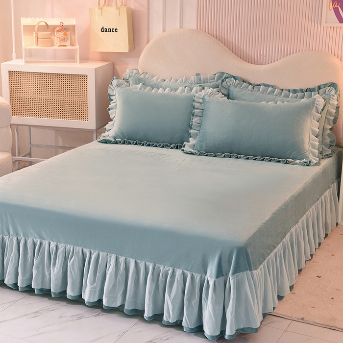 91家纺网 家纺一手货源 找家纺 后庭寝室 2025新款韩式花边牛奶绒四件套-香香公主系列 香香公主-湖蓝