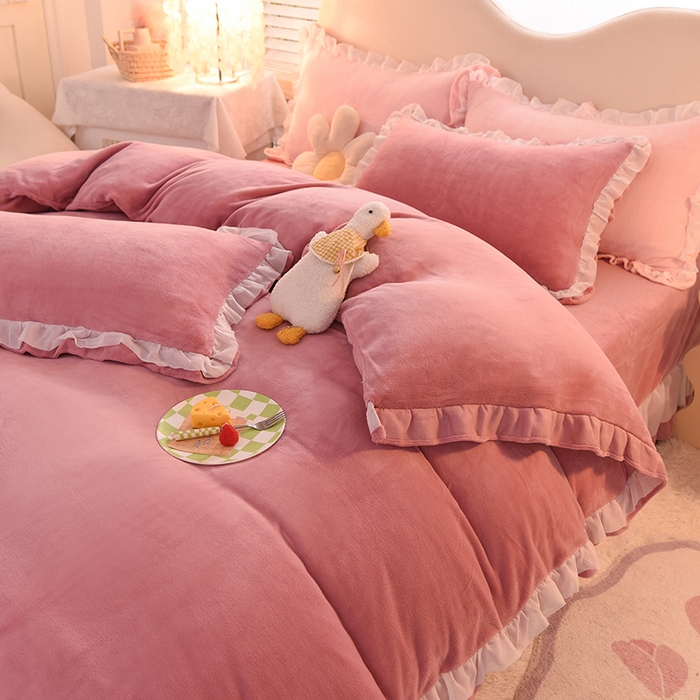 91家纺网 家纺一手货源 找家纺 后庭寝室 2025新款韩式花边牛奶绒四件套-香香公主系列 香香公主-豆沙