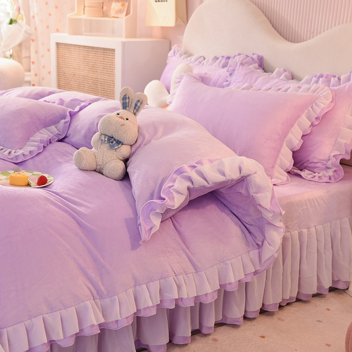 91家纺网 家纺一手货源 找家纺 后庭寝室 2025新款韩式花边牛奶绒四件套-香香公主系列 香香公主-浅紫