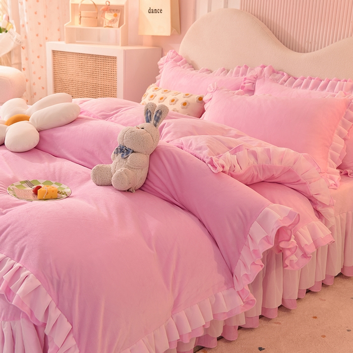 91家纺网 家纺一手货源 找家纺 后庭寝室 2025新款韩式花边牛奶绒四件套-香香公主系列 香香公主-粉色