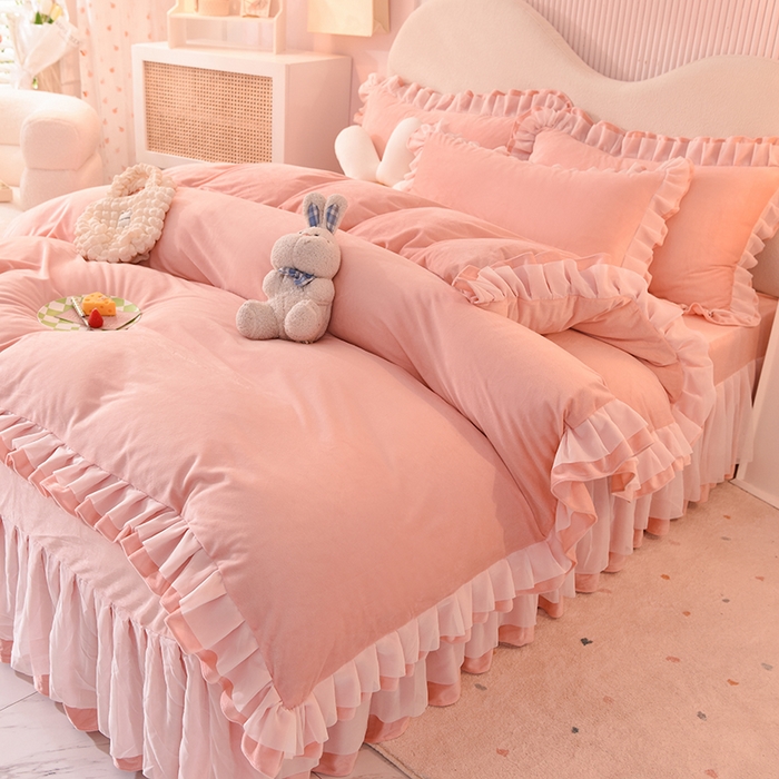 91家纺网 家纺一手货源 找家纺 后庭寝室 2025新款韩式花边牛奶绒四件套-香香公主系列 香香公主-玉色