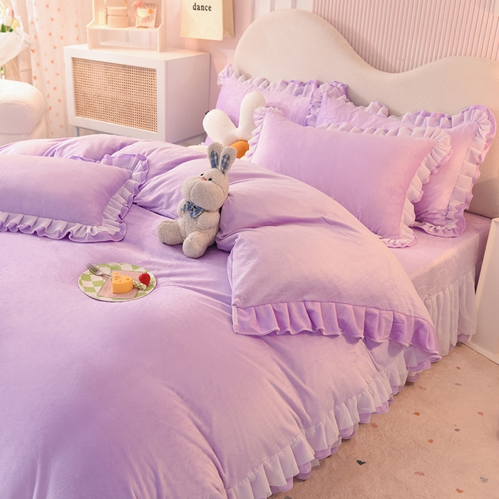 91家纺网 家纺一手货源 找家纺 后庭寝室 2025新款韩式花边牛奶绒四件套-香香公主系列 香香公主-浅紫