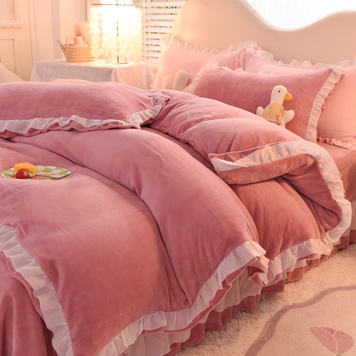 91家纺网 家纺一手货源 找家纺 后庭寝室 2025新款韩式花边牛奶绒四件套-香香公主系列 香香公主-豆沙