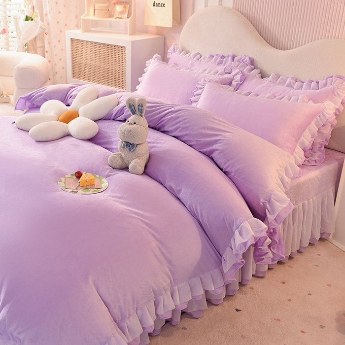 91家纺网 家纺一手货源 找家纺 后庭寝室 2025新款韩式花边牛奶绒四件套-香香公主系列 香香公主-浅紫