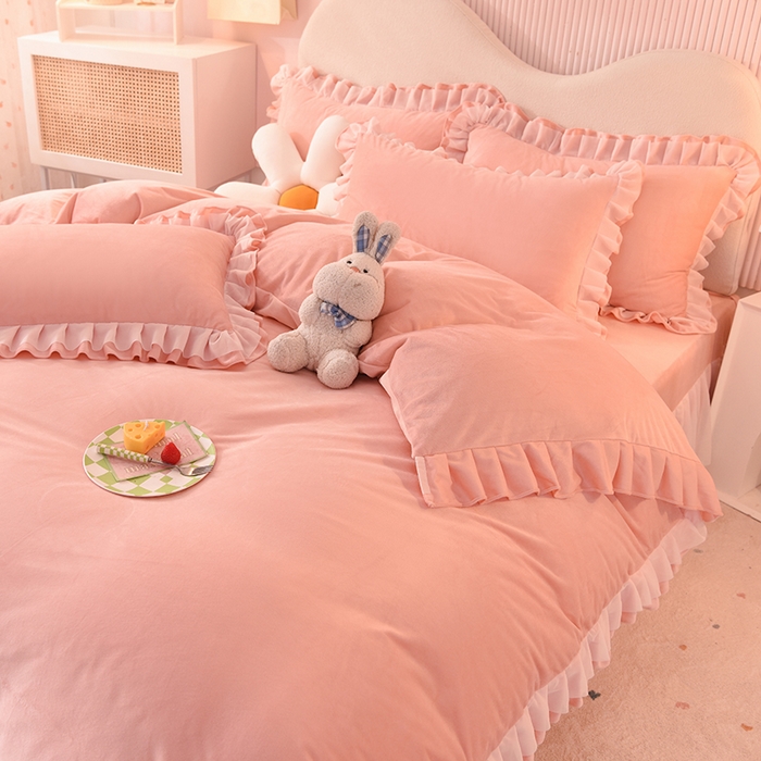 91家纺网 家纺一手货源 找家纺 后庭寝室 2025新款韩式花边牛奶绒四件套-香香公主系列 香香公主-玉色