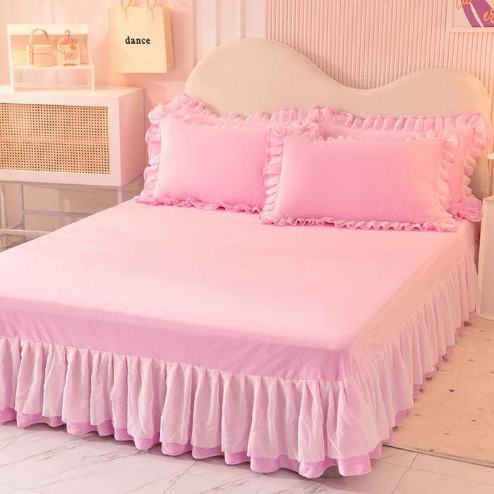 91家纺网 家纺一手货源 找家纺 后庭寝室 2025新款韩式花边牛奶绒四件套-香香公主系列 香香公主-粉色