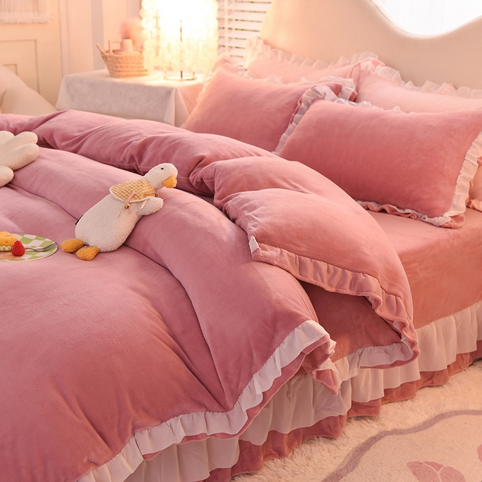 91家纺网 家纺一手货源 找家纺 后庭寝室 2025新款韩式花边牛奶绒四件套-香香公主系列 香香公主-豆沙