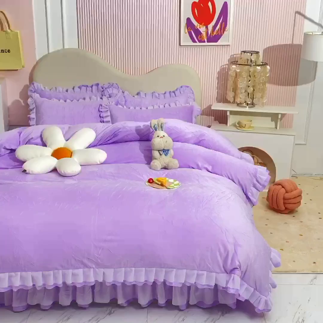 91家纺网 家纺一手货源 找家纺 后庭寝室 2025新款韩式花边牛奶绒四件套-香香公主系列 香香公主-浅紫