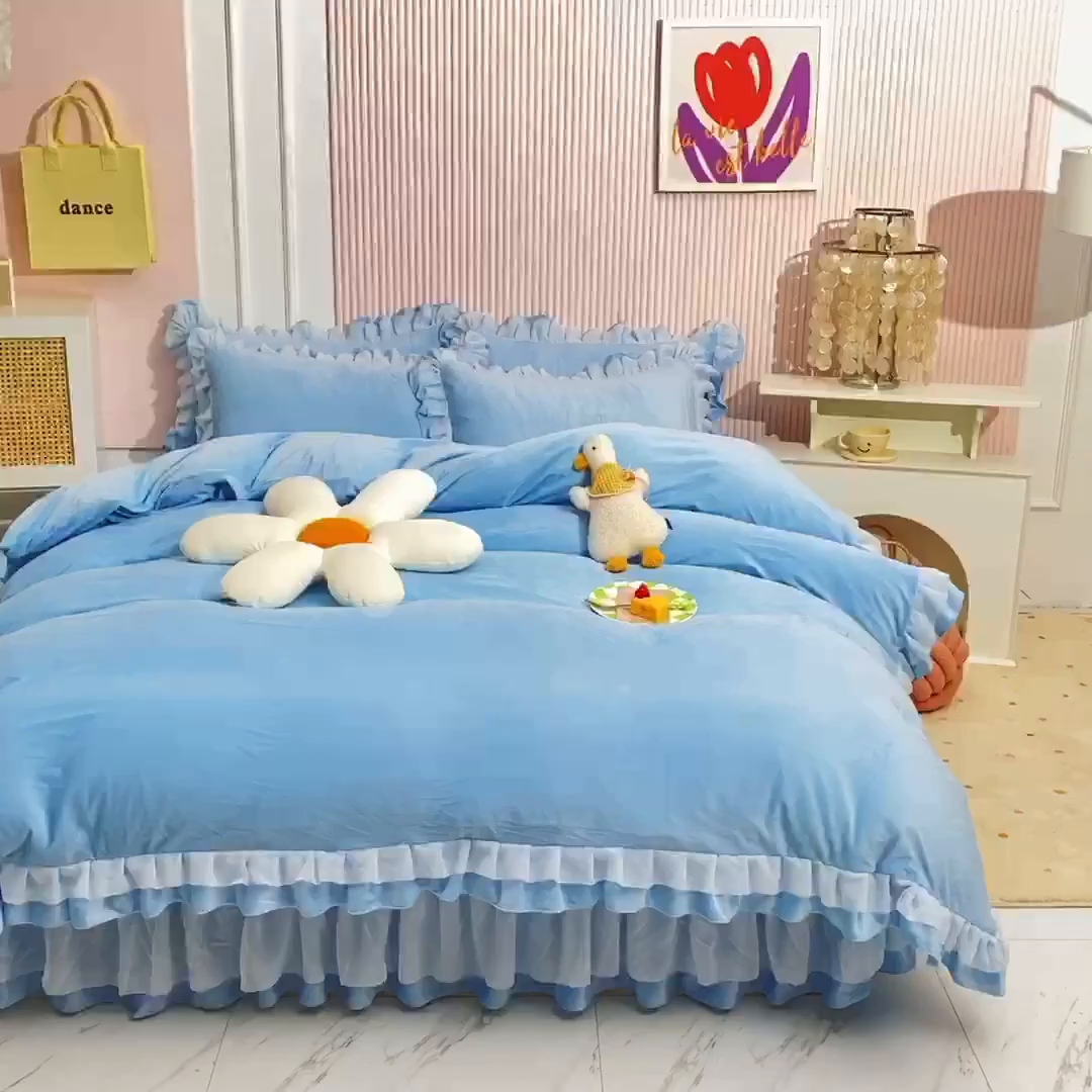 91家纺网 家纺一手货源 找家纺 后庭寝室 2025新款韩式花边牛奶绒四件套-香香公主系列 香香公主-浅蓝