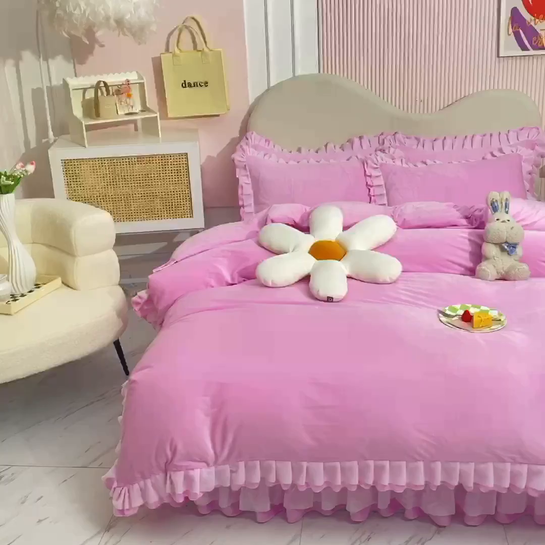 91家纺网 家纺一手货源 找家纺 后庭寝室 2025新款韩式花边牛奶绒四件套-香香公主系列 香香公主-粉色