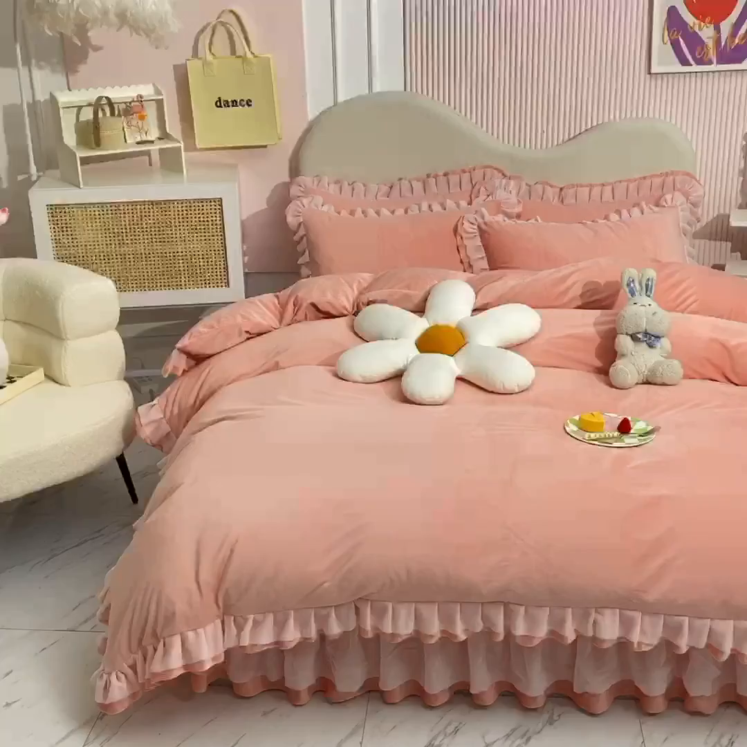 91家纺网 家纺一手货源 找家纺 后庭寝室 2025新款韩式花边牛奶绒四件套-香香公主系列 香香公主-玉色