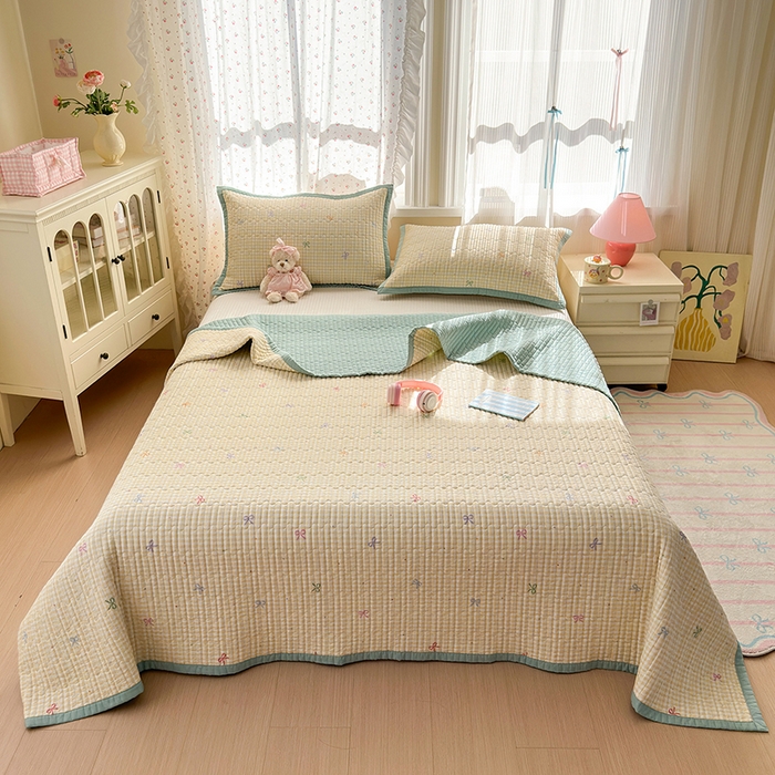 91家纺网 家纺一手货源 找家纺 美优兰 2025新款双面全棉水洗床盖 黄色小格