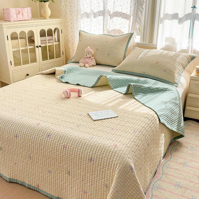 91家纺网 家纺一手货源 找家纺 美优兰 2025新款双面全棉水洗床盖 黄色小格