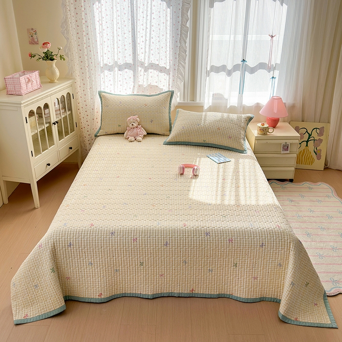 91家纺网 家纺一手货源 找家纺 美优兰 2025新款双面全棉水洗床盖 黄色小格