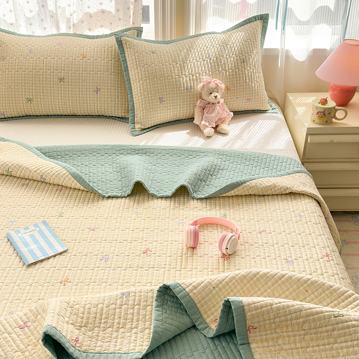 91家纺网 家纺一手货源 找家纺 美优兰 2025新款双面全棉水洗床盖 黄色小格