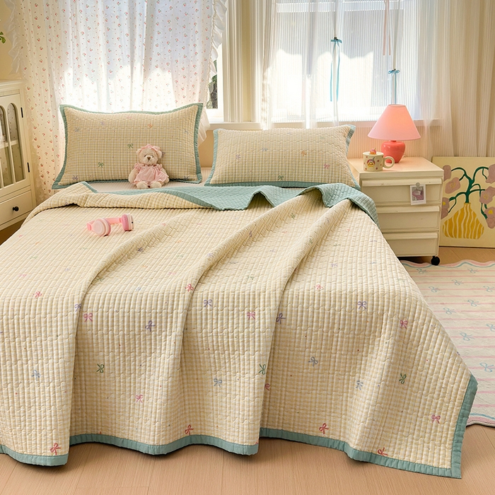 91家纺网 家纺一手货源 找家纺 美优兰 2025新款双面全棉水洗床盖 黄色小格