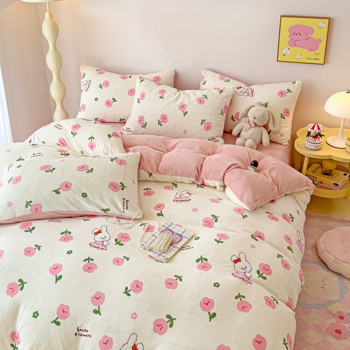 91家纺网 家纺一手货源 找家纺 麦瑞家纺 2025新款印花牛奶绒四件套跑量款 许愿兔