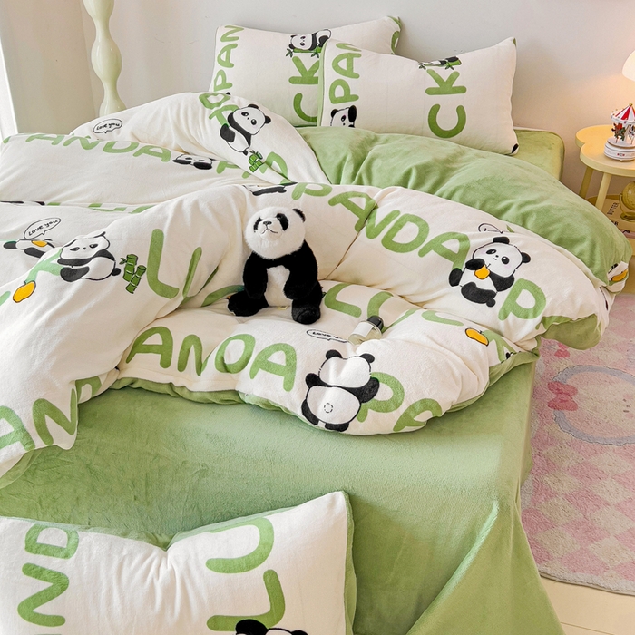 91家纺网 家纺一手货源 找家纺 麦瑞家纺 2025新款印花牛奶绒四件套跑量款 呆萌熊