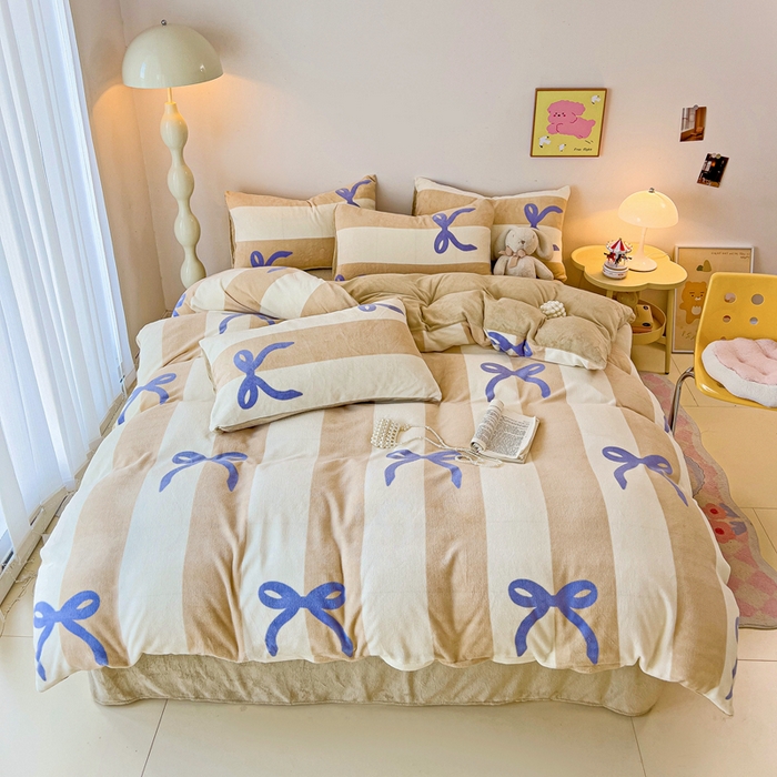 91家纺网 家纺一手货源 找家纺 麦瑞家纺 2025新款印花牛奶绒四件套跑量款 甜心结