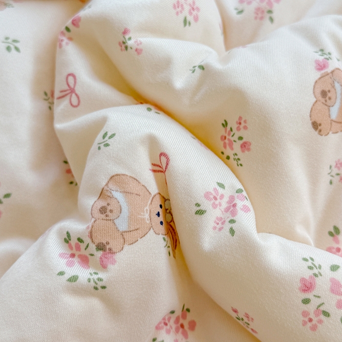 91家纺网 家纺一手货源 找家纺 天瑜家纺205新款A类针织面料手包豆豆绒冬被大豆被 花朵小熊粉