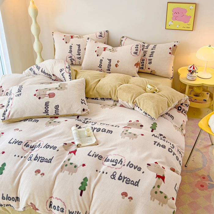 91家纺网 家纺一手货源 找家纺 麦瑞家纺 2025新款印花牛奶绒四件套跑量款 长颈鹿