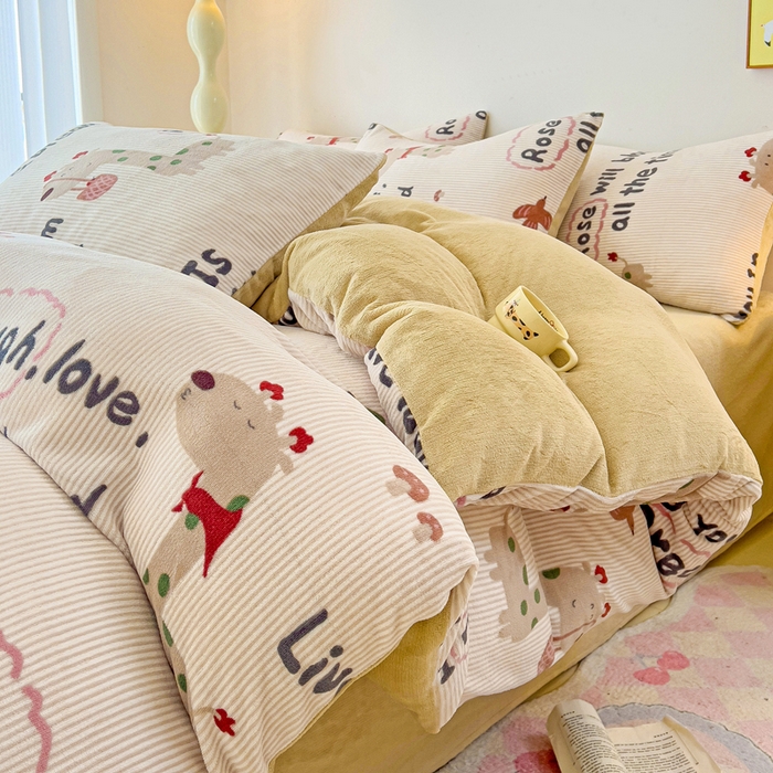 91家纺网 家纺一手货源 找家纺 麦瑞家纺 2025新款印花牛奶绒四件套跑量款 长颈鹿