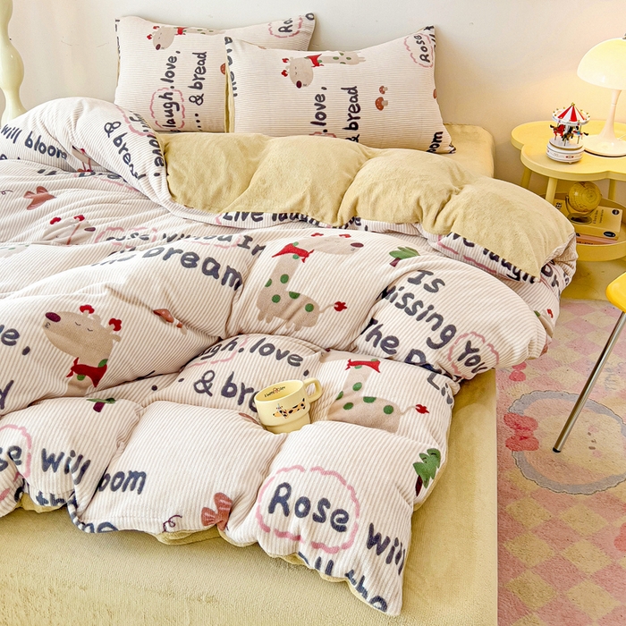 91家纺网 家纺一手货源 找家纺 麦瑞家纺 2025新款印花牛奶绒四件套跑量款 长颈鹿