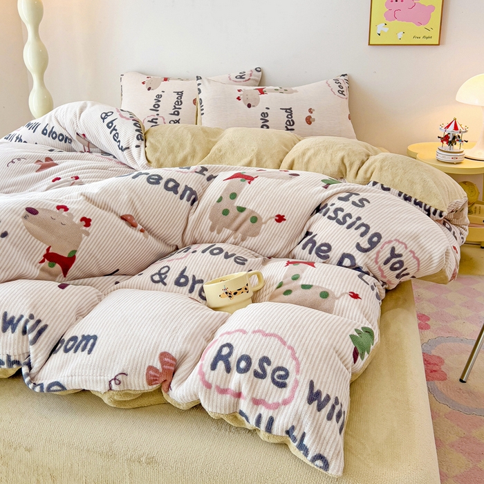 91家纺网 家纺一手货源 找家纺 麦瑞家纺 2025新款印花牛奶绒四件套跑量款 长颈鹿