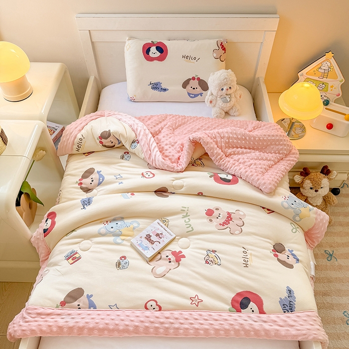 天瑜家纺205新款A类针织面料手包豆豆绒冬被大豆被 幸运狗粉