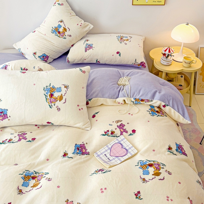 91家纺网 家纺一手货源 找家纺 麦瑞家纺 2025新款印花牛奶绒四件套跑量款 紫苏苏