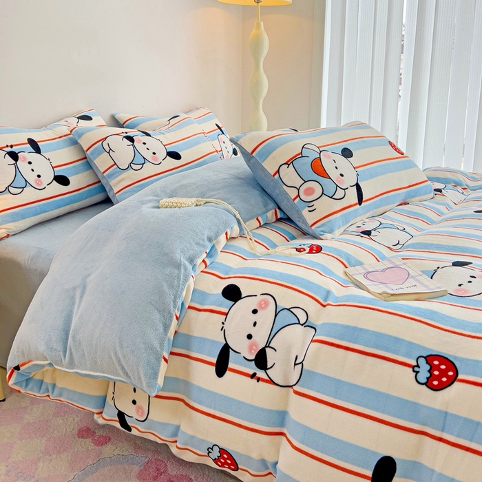 91家纺网 家纺一手货源 找家纺 麦瑞家纺 2025新款印花牛奶绒四件套跑量款 叮当狗